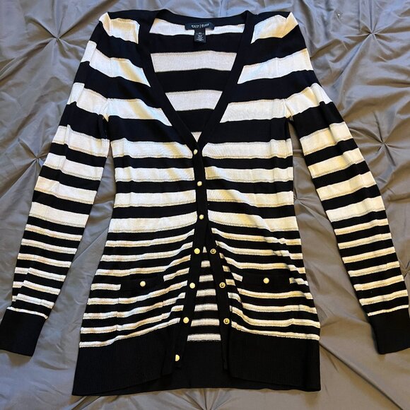 White House Black Market Tops - White House Black Market, Size XS Black & White Striped Cardigan, gold detail